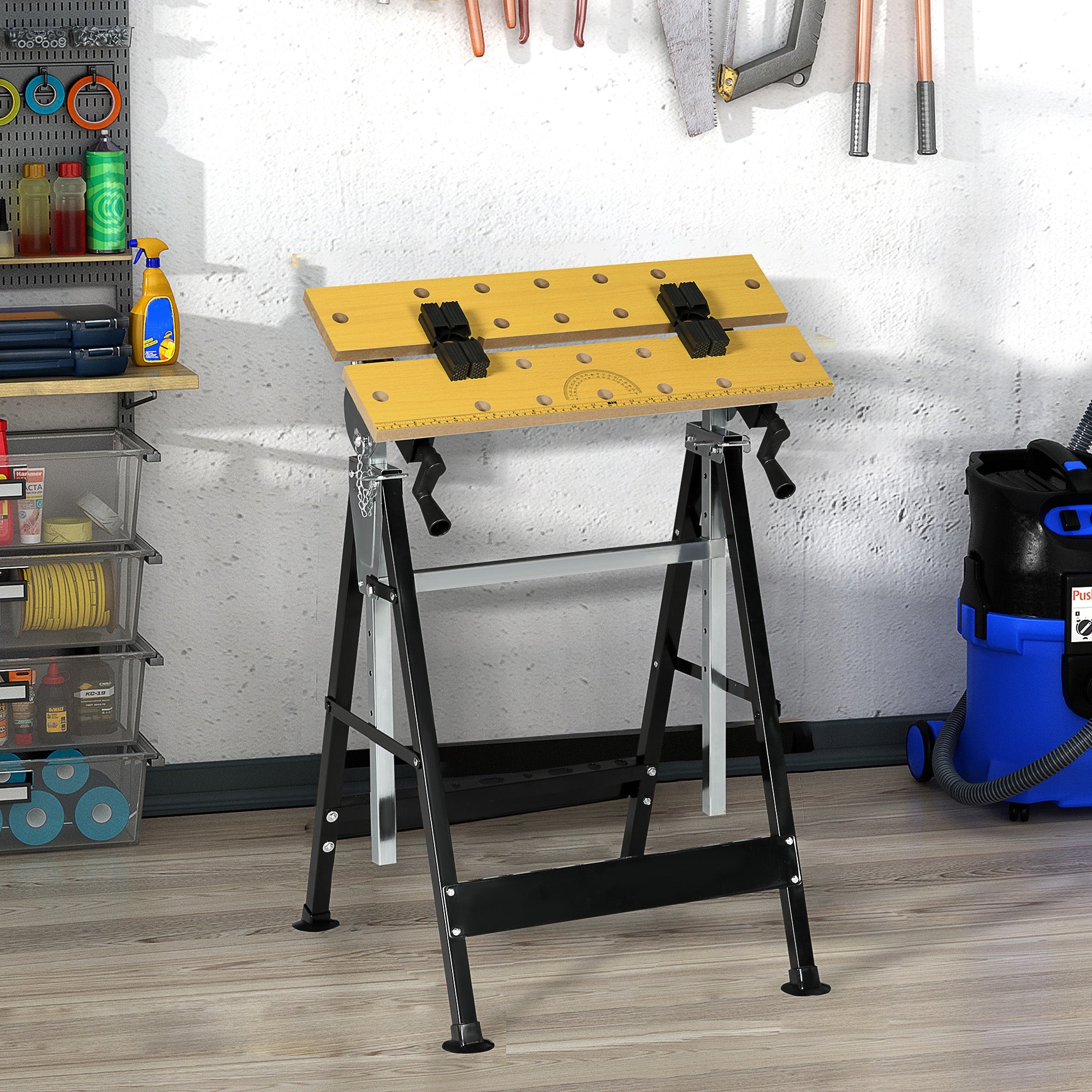 HOMCOM Work Bench Tool Stand with Adjustable Height and Angle, Carpenter Saw Table with 4 Clamps, Steel Frame, 220lbs Capacity