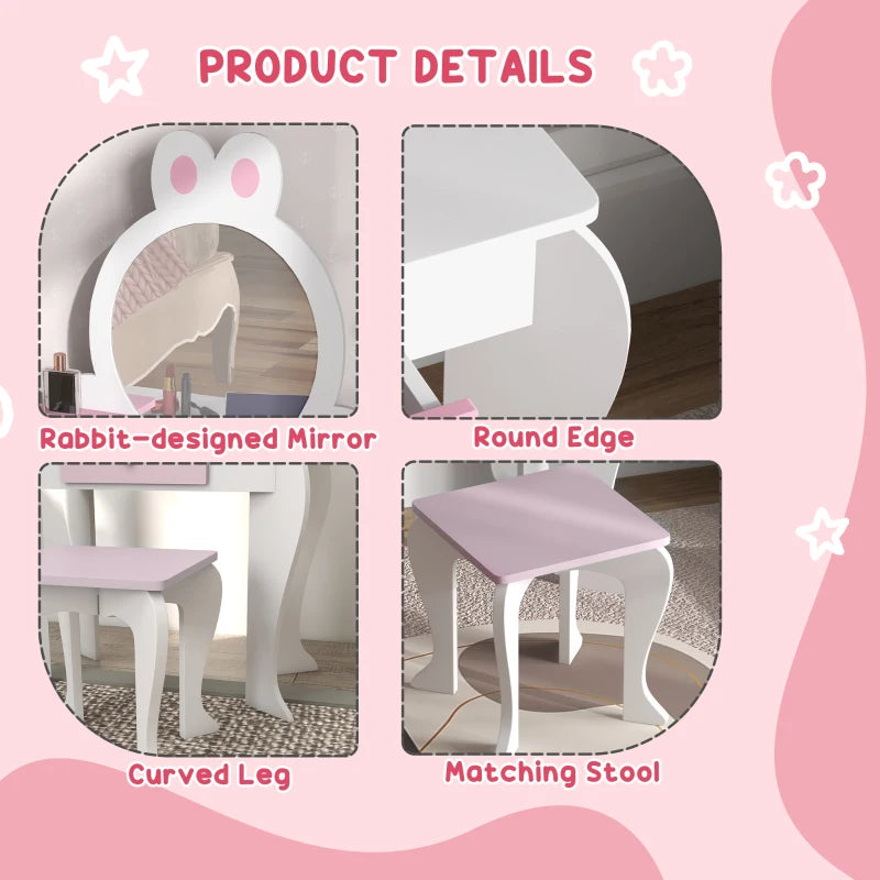 Qaba Kids Makeup Vanity Set with Stool, Mirror, Drawer, Storage Boxes, Rabbit Design, White