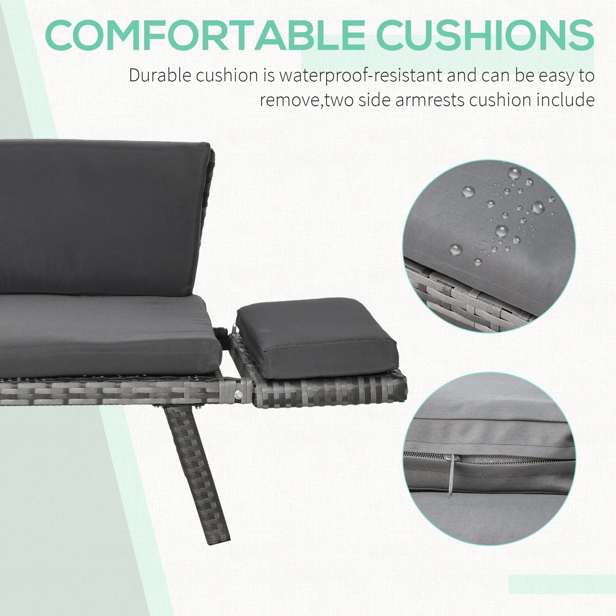 Outsunny Convertible Rattan Sofa Bed Chaise Lounge Wicker Loveseat Armchair Double Seat with Cushion All Weather Patio Furniture Grey
