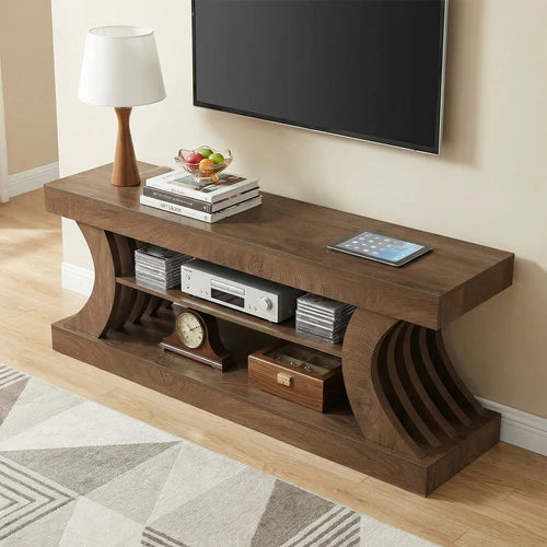 TV Stand 63" Entertainment Center with 3-Tier Storage Shelf for TVs up to 75" with Curved Side Supports and Open Shelves Brown