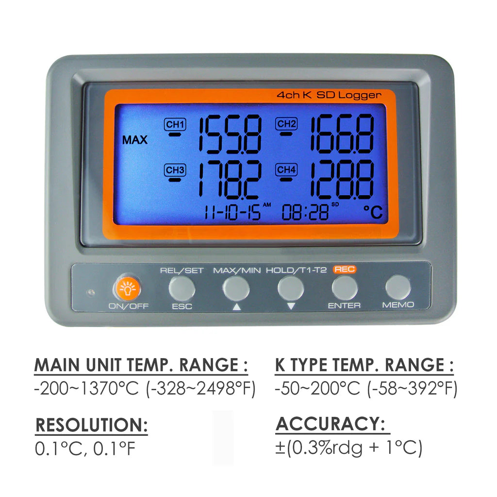 4-Channel K-Type Thermocouple Temperature Data Logger with SD Card & LCD Display