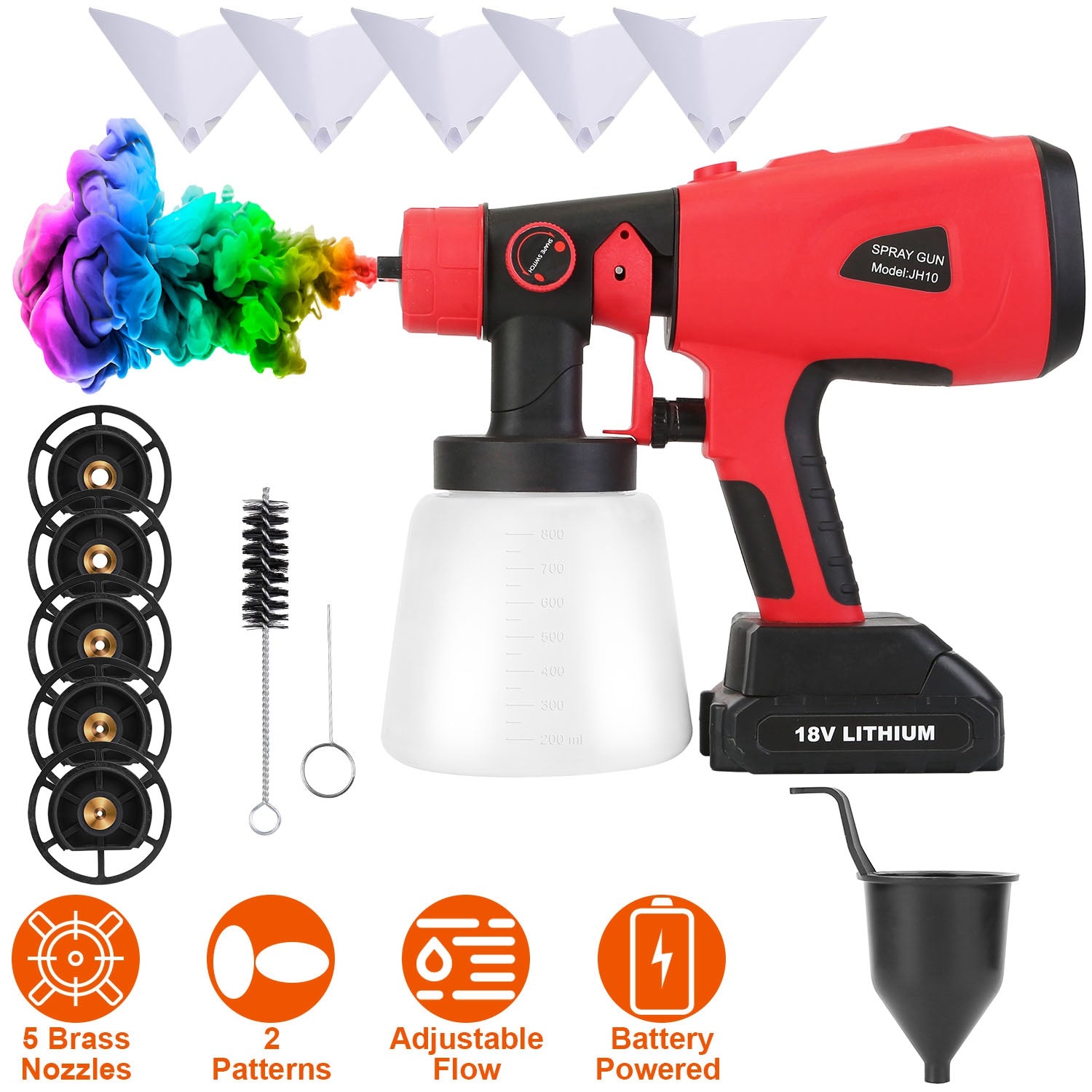 Portable Battery Powered Electric Paint Sprayer HVLP Spray Painting Gun Handheld Painter with 2 Spray Patterns 5 Nozzles 800ML Detachable Cup Flow Adj