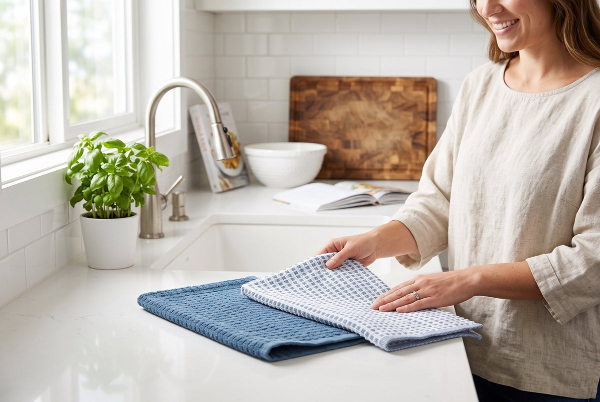Kitchen Towels, Set of 2, 100% Cotton Woven Terry, Textured and Check, 16 x 24 in (41 x 61 cm)