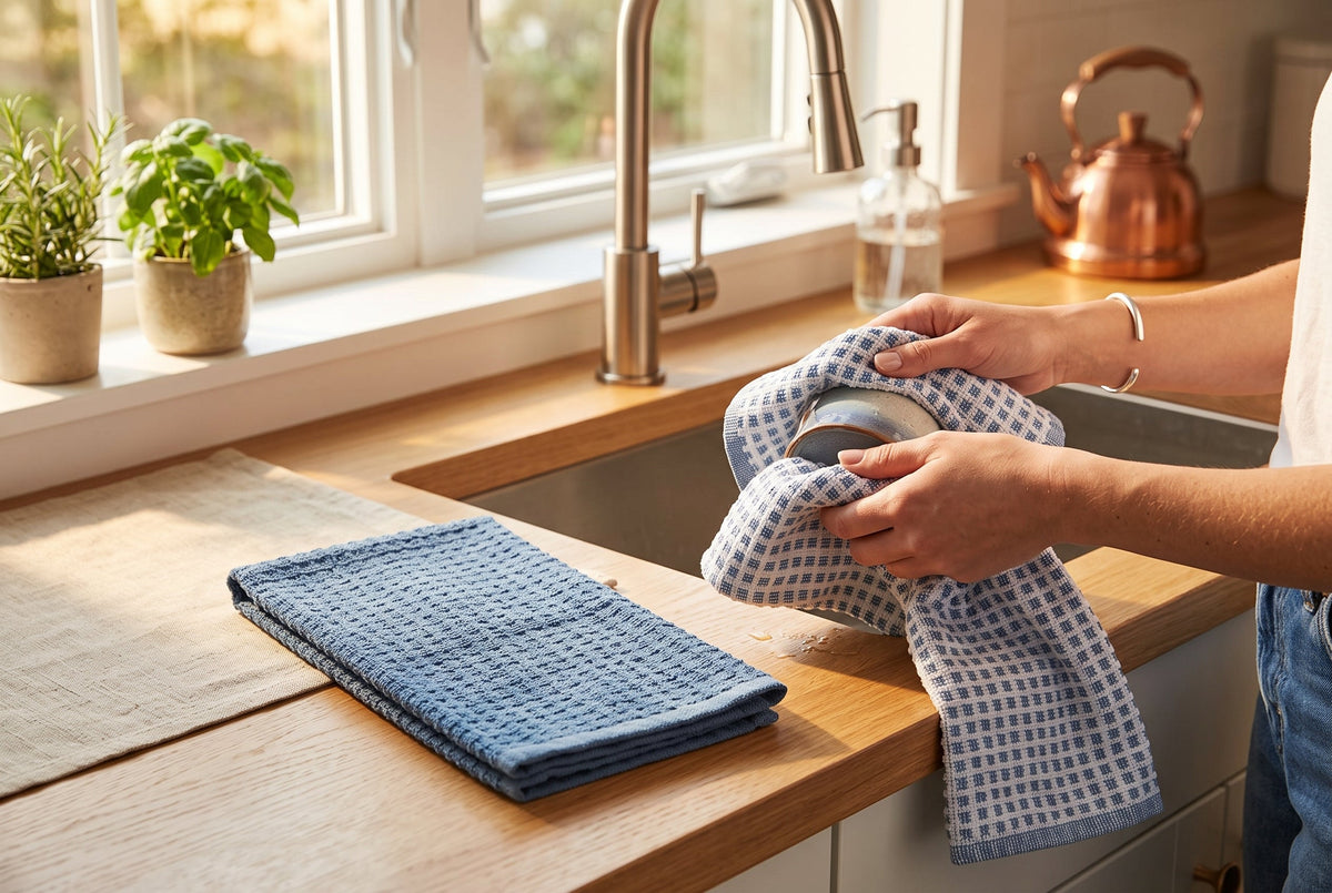 Kitchen Towels, Set of 2, 100% Cotton Woven Terry, Textured and Check, 16 x 24 in (41 x 61 cm)