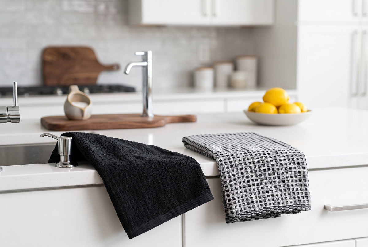 Kitchen Towels, Set of 2, 100% Cotton Woven Terry, Textured and Check, 16 x 24 in (41 x 61 cm)