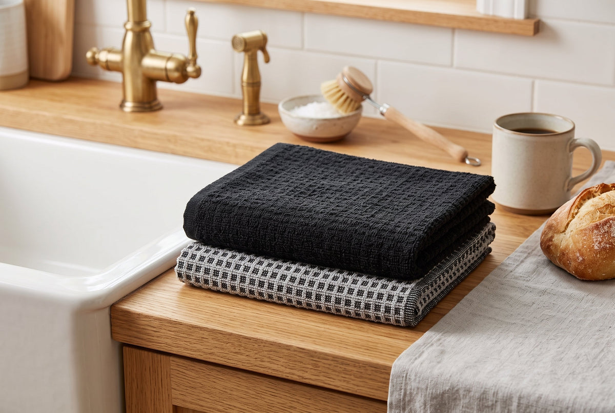 Kitchen Towels, Set of 2, 100% Cotton Woven Terry, Textured and Check, 16 x 24 in (41 x 61 cm)