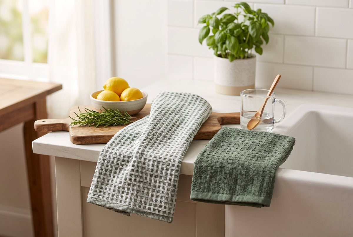 Kitchen Towels, Set of 2, 100% Cotton Woven Terry, Textured and Check, 16 x 24 in (41 x 61 cm)