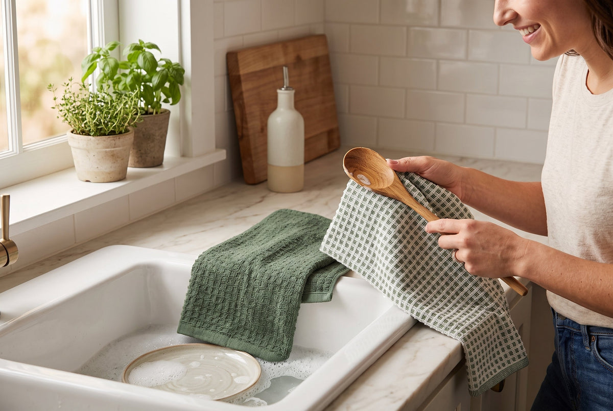 Kitchen Towels, Set of 2, 100% Cotton Woven Terry, Textured and Check, 16 x 24 in (41 x 61 cm)