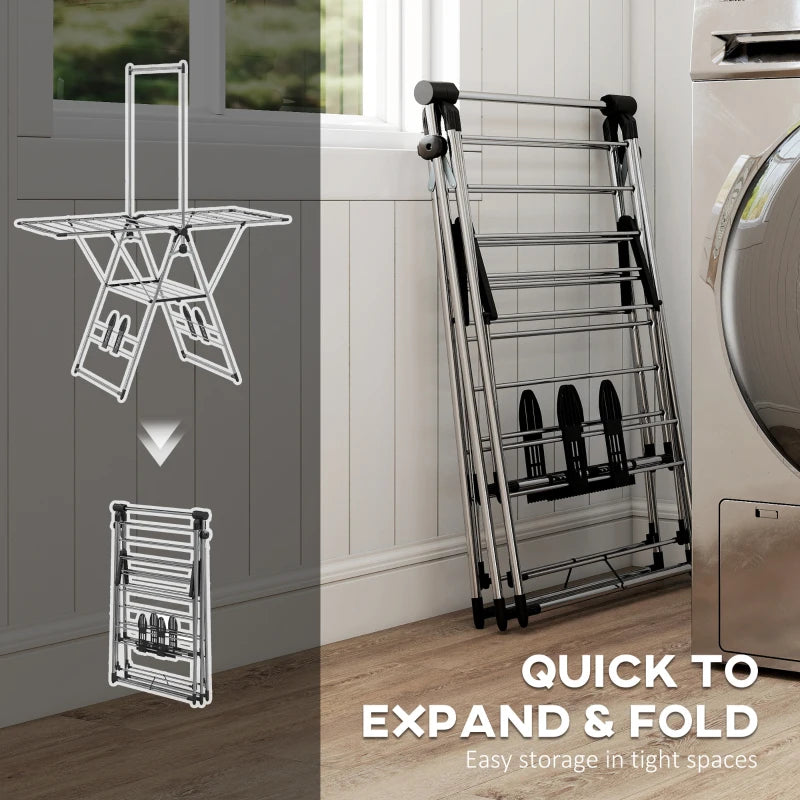 Clothes Drying Rack, Foldable Stainless Steel Laundry Drying Rack with Adjustable Gullwings and Shoe Holders, Silver