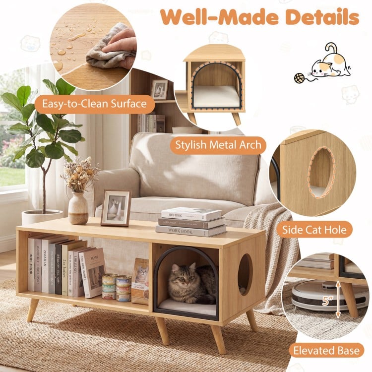 40 Inch Coffee Table Cat House 2-in-1 Wooden Kitten Furniture with Open Storage Shelf-Natural