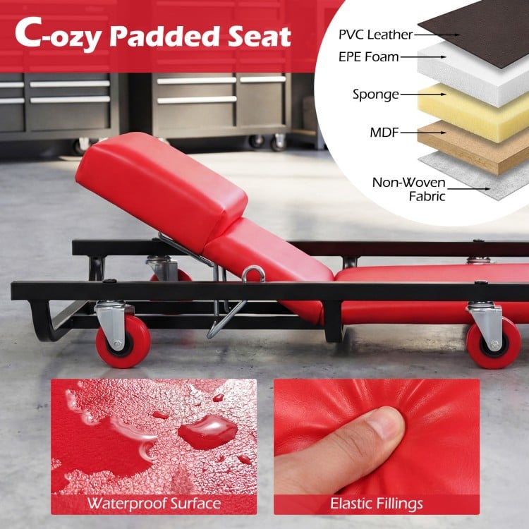 40 Inch Rolling Creeper Padded Mechanic Cart with Adjustable Backrest and Headrest-Red