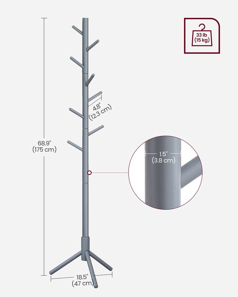 VASAGLE Solid Wood Coat Rack with 8 Hooks