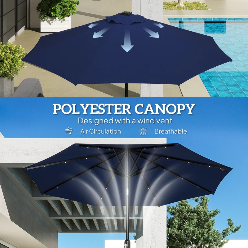 9ft Solar Patio Umbrella Outdoor Sunshade 24 LED Lights Tilt Canopy Navy Blue