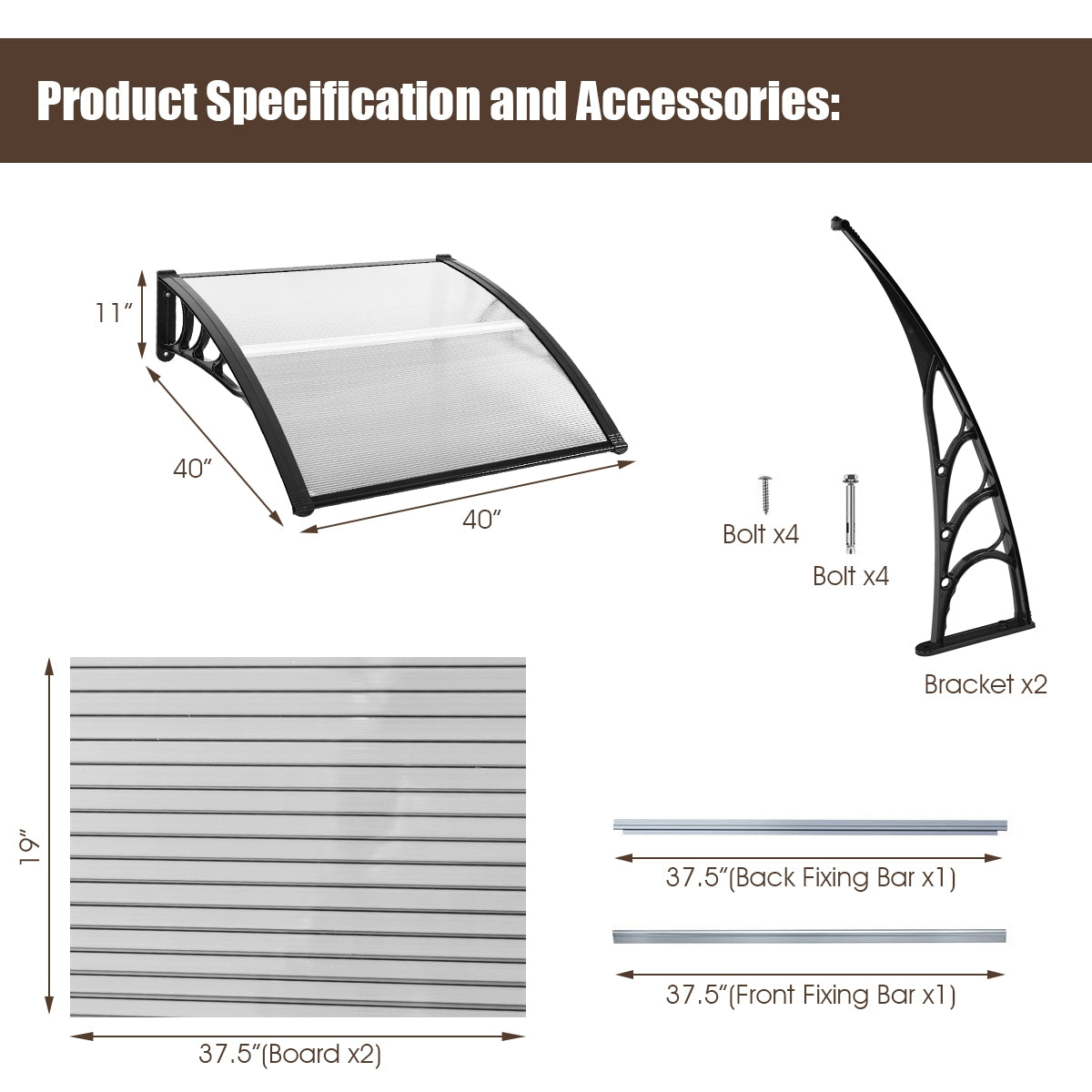 40 x 40 Inch Outdoor Polycarbonate Front Door Window Awning Canopy-BlackÂ