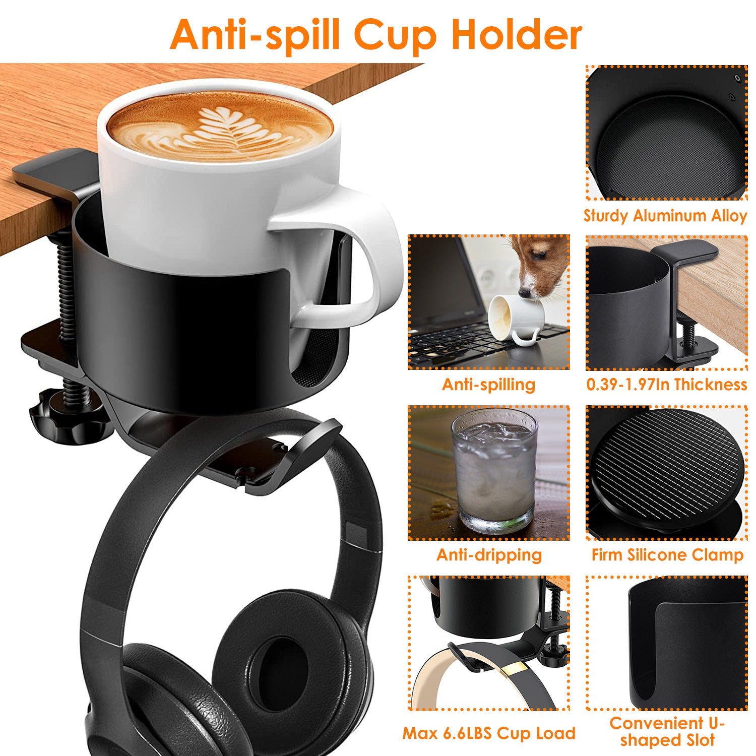 Desk Cup Holder 2-In-1 Anti-spill Cup Holder with 360° Rotating Headphone Hanger Desk Space Saver for Office Home