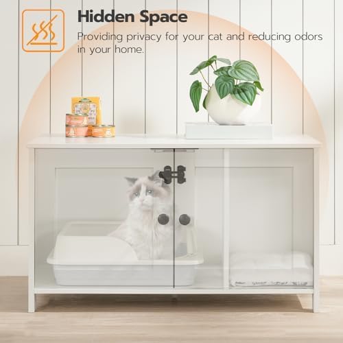 HOOBRO Cat Litter Box Enclosure Furniture, Hidden Cat Washroom with Divider, Pet House End Table, White