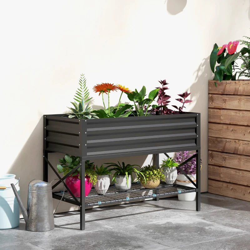 Galvanized Raised Garden Bed, Metal Planter Box with Bed Liner and Storage Shelf, for Vegetables Flowers Herbs, Black