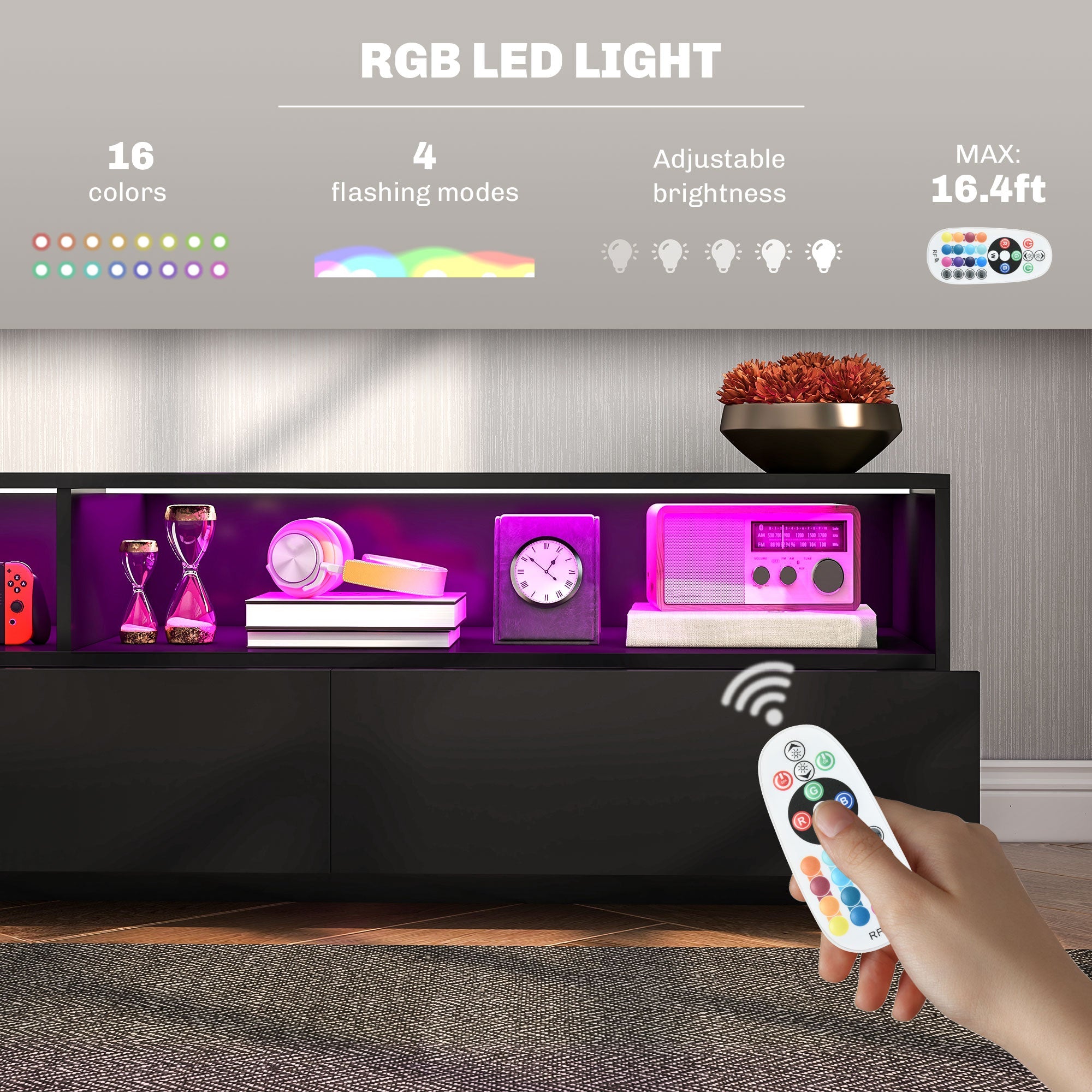 HOMCOM LED Lighted TV Stand for TVs up to 75", Modern TV Cabinet with Storage Drawers for Living Room, High Gloss Black