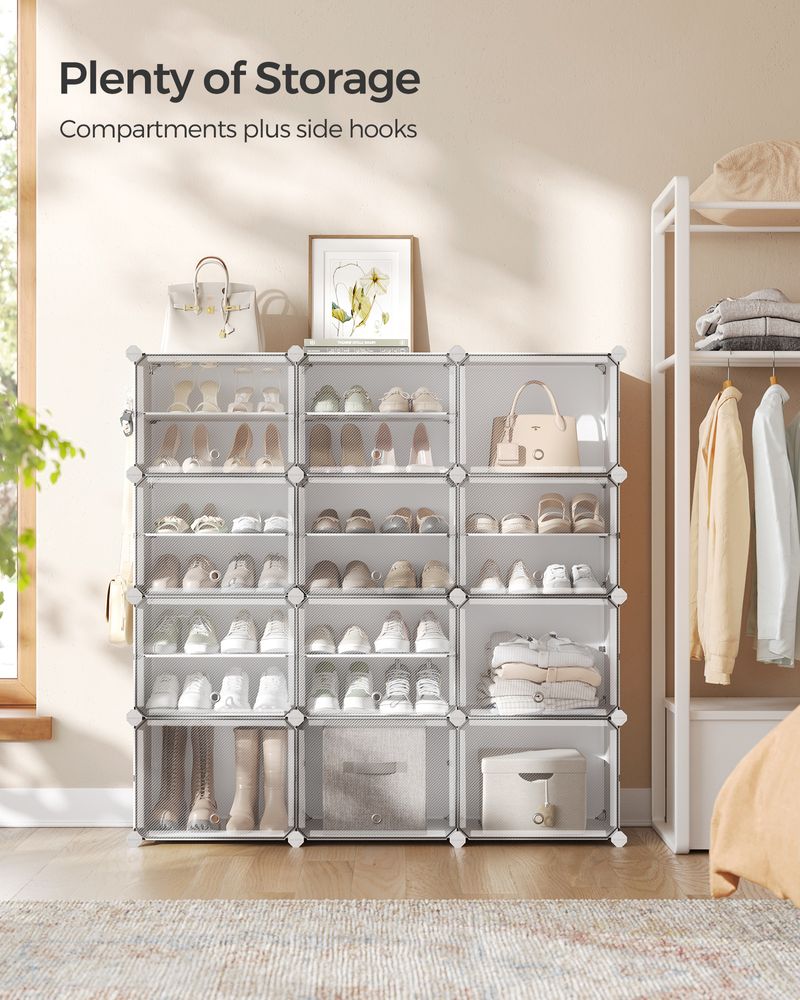 SONGMICS Cubes Plastic Shoe Rack with Doors, Holds Up to 16 to 48 Pair of Shoes