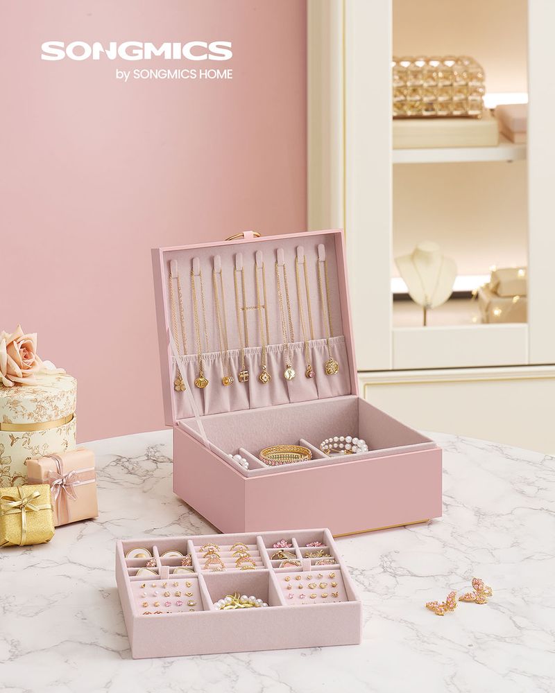 SONGMICS 2-Layer Jewelry Box with Handle and Removable Jewelry Tray