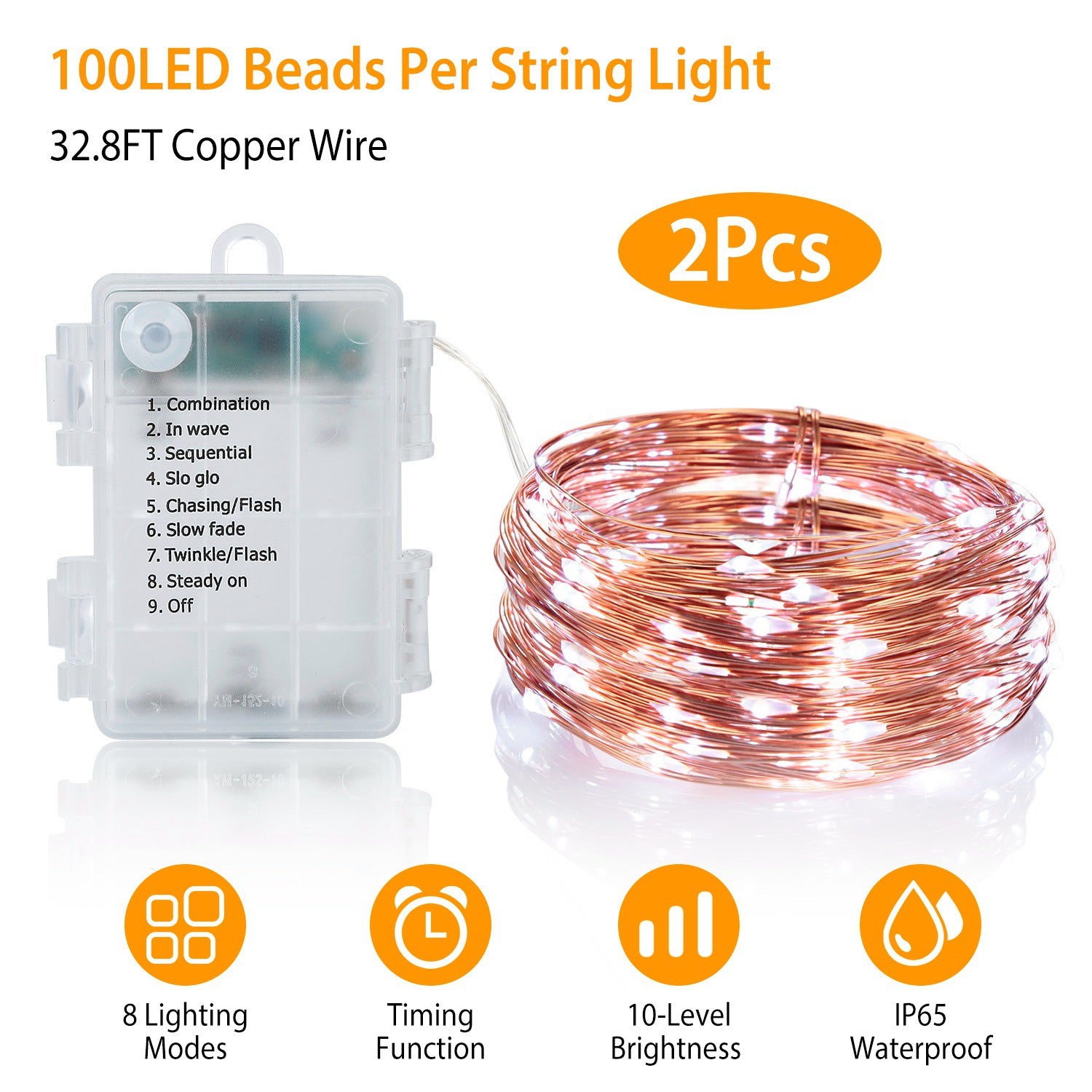 2Pcs LED String Lights 100LED Beads 32.8FT Copper Fairy Lights IP65 Waterproof Battery Operated Flash Lights with Remote Control For Wedding Party Jar