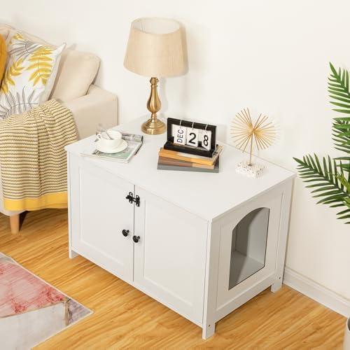 HOOBRO Cat Litter Box Enclosure Furniture, Hidden Cat Washroom with Divider, Pet House End Table, White
