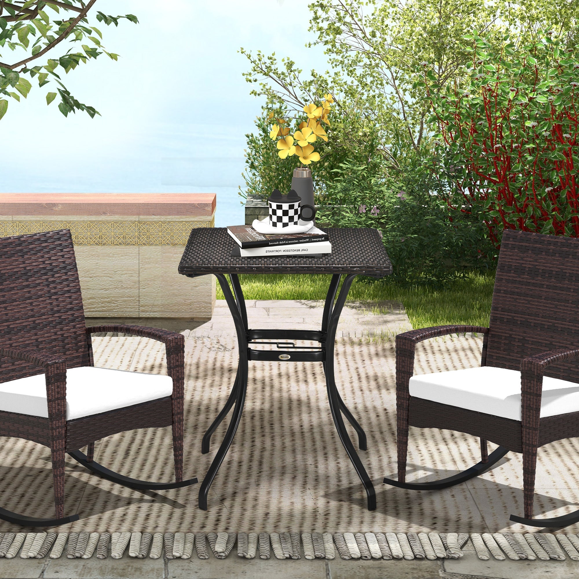 Outsunny Wicker Patio Dining Table with Umbrella Hole Outdoor Rattan Coffee Table for Garden Balcony Mixed Brown