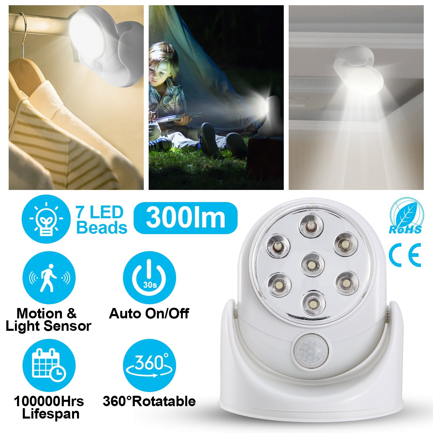 Wireless LED Spotlight 90 ° Motion Sensor Night Lamp 360°Rotate Cordless Stairs Lights Battery Operated w/23ft Sensing Range for Closet Bathroom