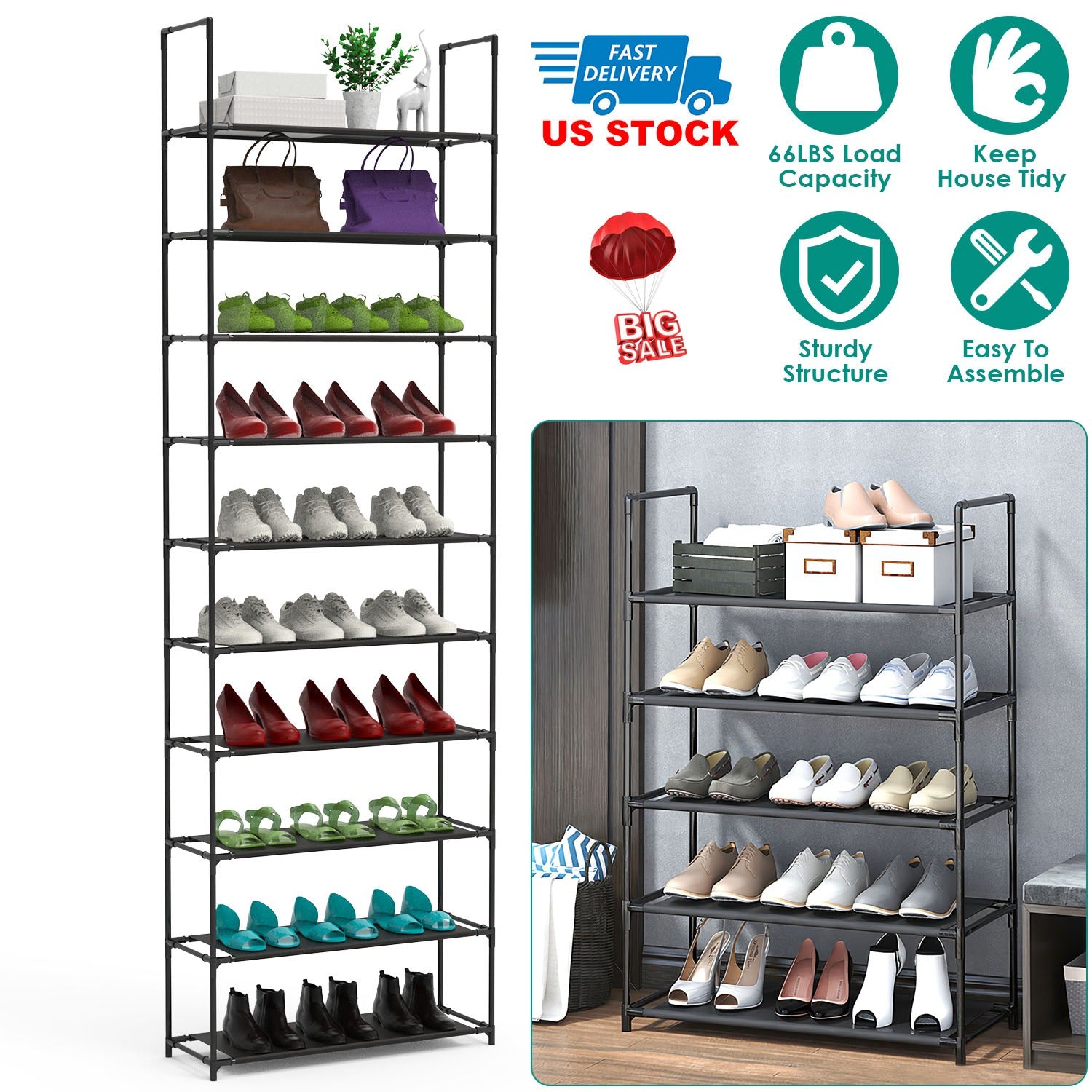 10 Tiers Shoe Rack Space-Saving 25-30Pairs Tall Shoe Shelf 23.03x10.82x72.83Inches Non-Woven Fabric Vertical Shoe Organizer For Hallway Entryway Close