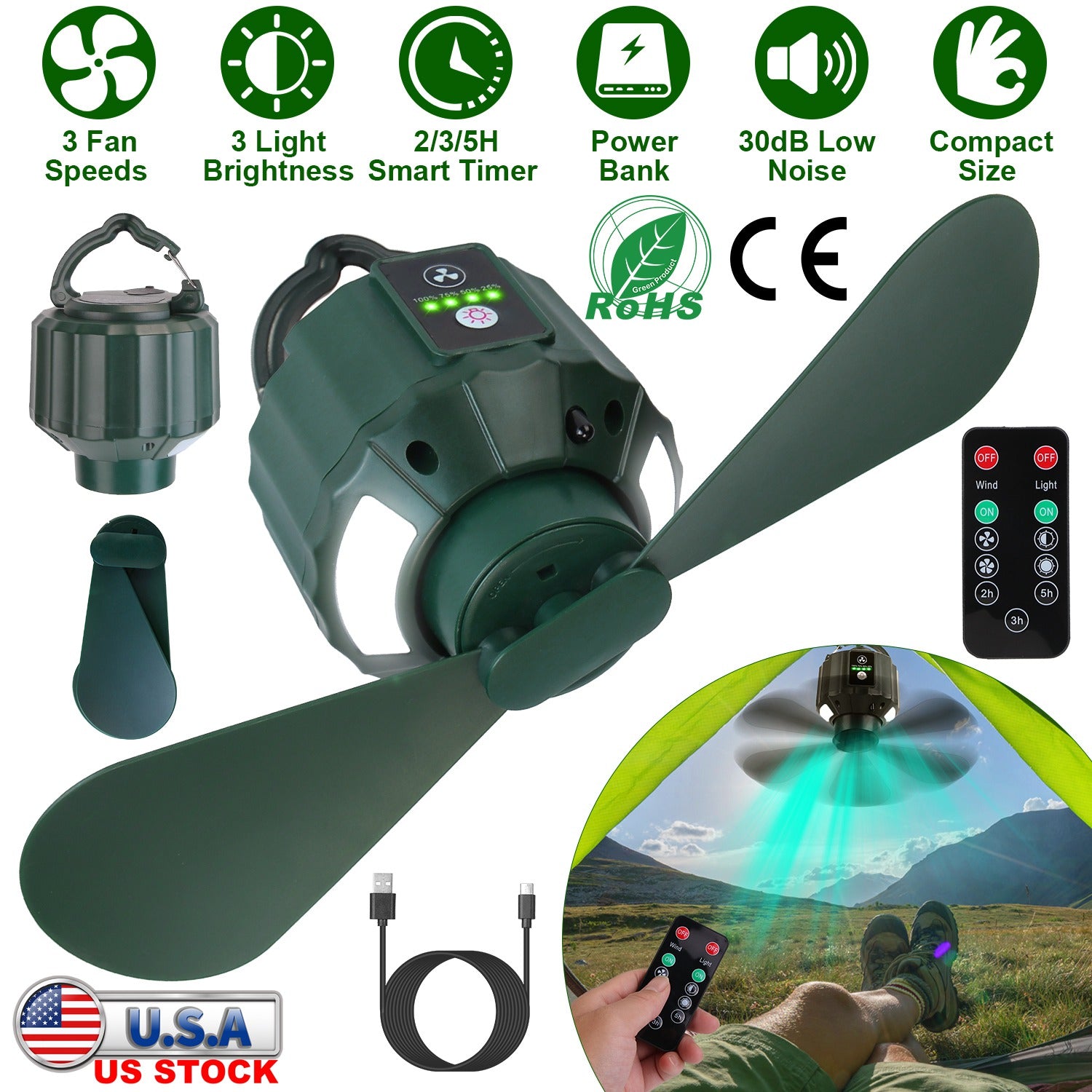 Portable Camping Ceiling LED Fan 10400mAh USB Battery Powered Hanging Tent Lantern Fan Power Bank with 3 Fan Speed 3 Light Brightness Smart Timer Remo