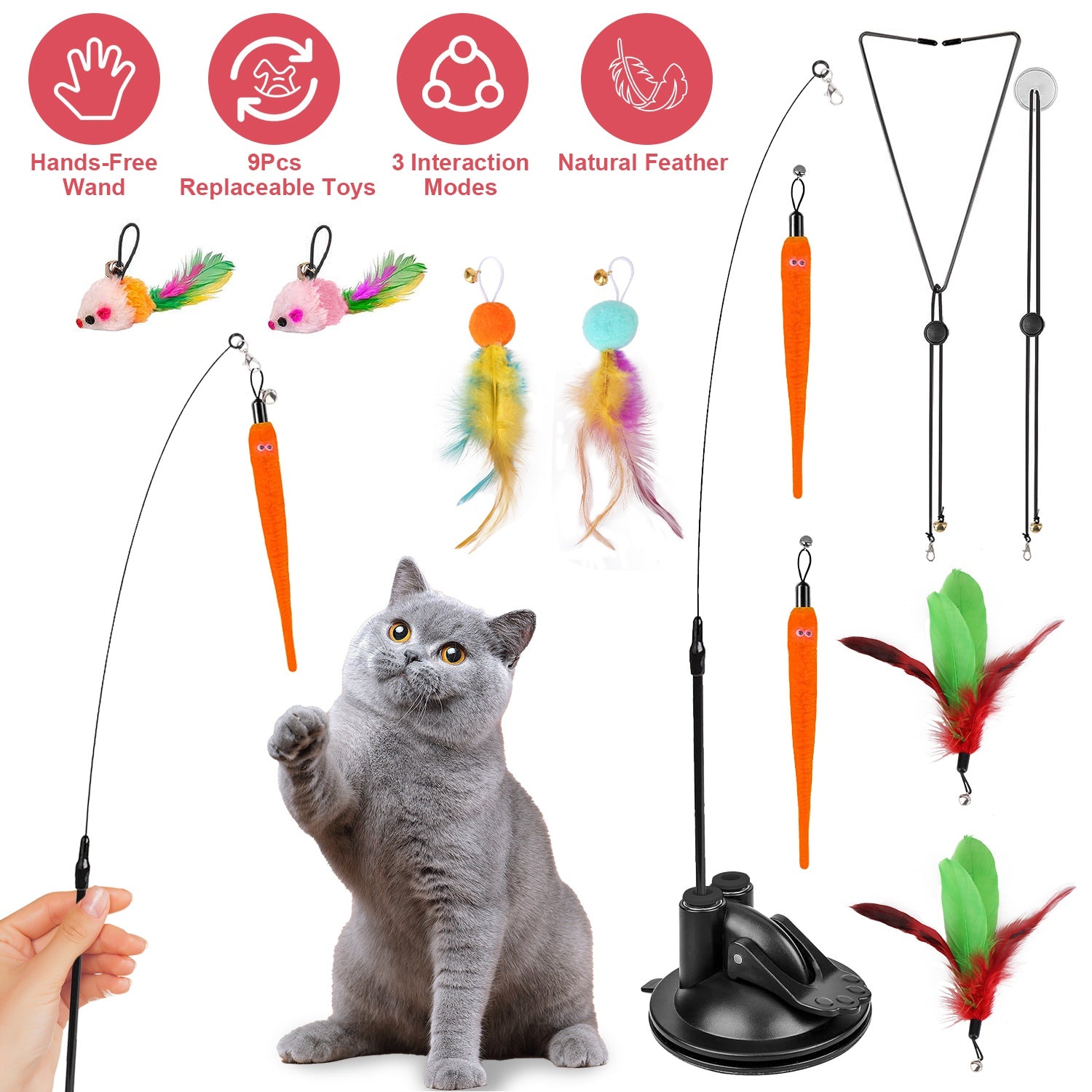 2 Cat Wand Toys with Suction Cup Double Head Interactive Cat Feather Toy 9Pcs Teaser Replacements with Bell Cats Self Playing Hanging Indoor Cat Toy