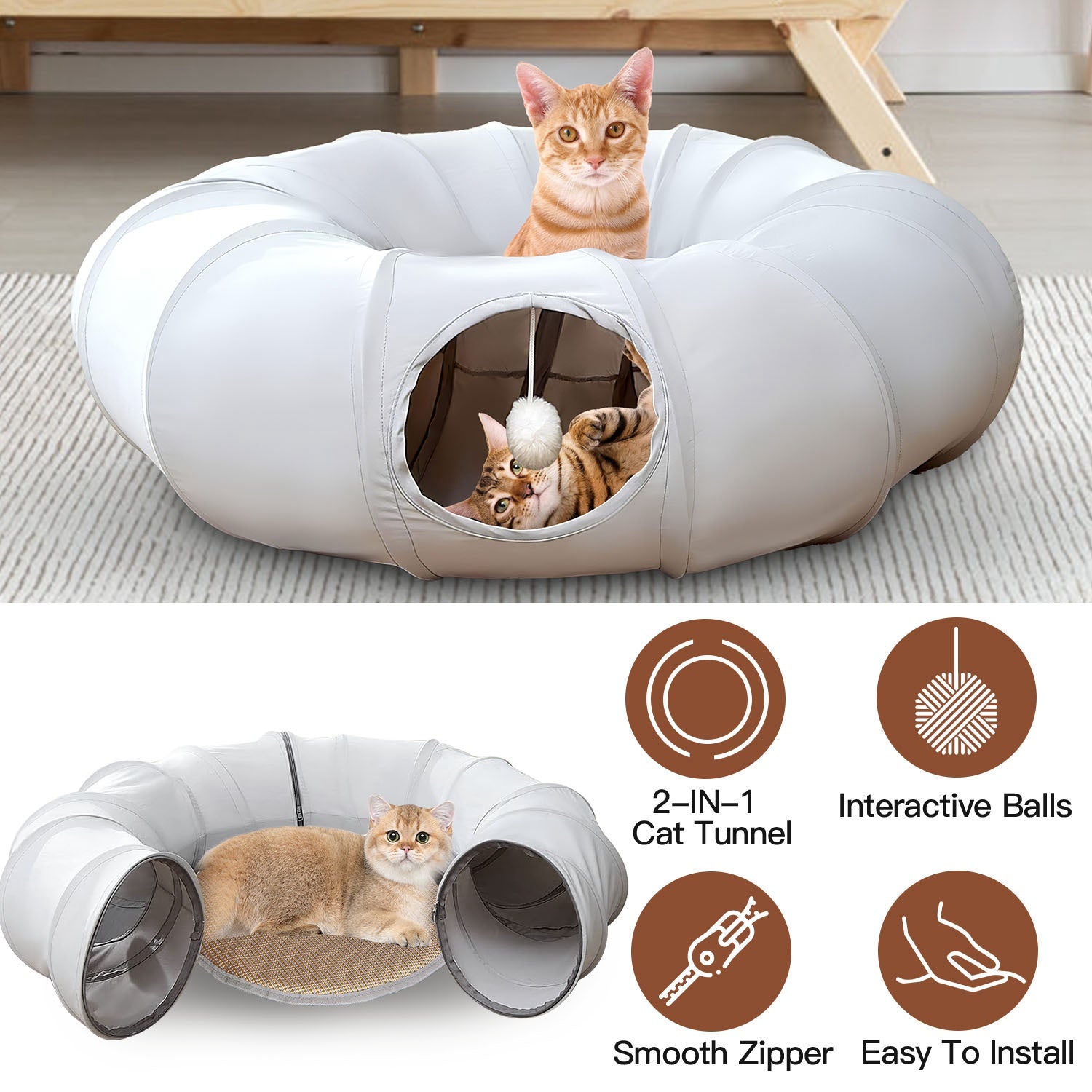 Indoor Cat Tunnel Bed with Interactive Hanging Ball Circle Cat Tunnel Cooling Fabric Central Soft Mat Flexible Design Foldable Tunnel for Cats Puppy