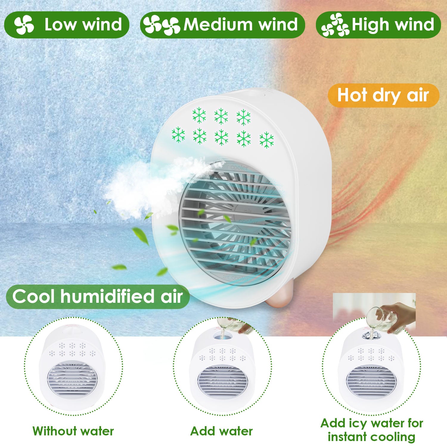4 In 1 Portable Mini Desktop Air Conditioner Fan Water Mist Cooling Fan USB Rechargeable Humidifier Fan Evaporative Air Cooler 3 Wind Modes Colorful L