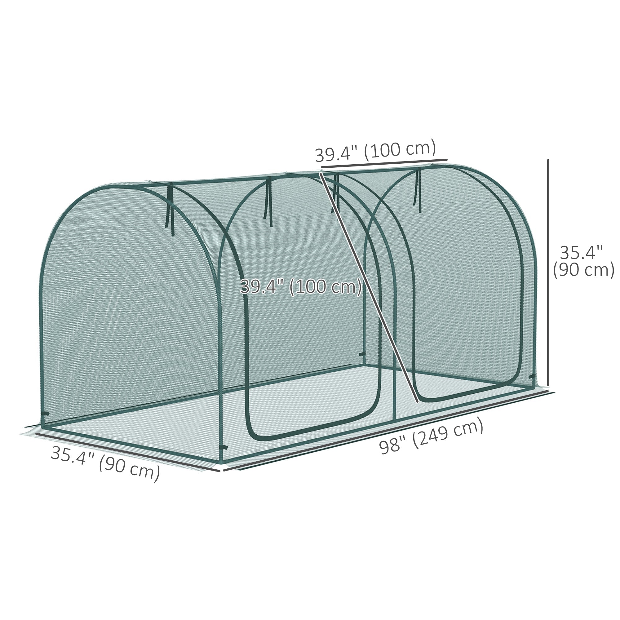 Outsunny 8' x 3' Crop Cage, Garden Plant Protector, with 3 Zippered Doors and 6 Ground Stakes, for Garden, Yard, Lawn Dark Green