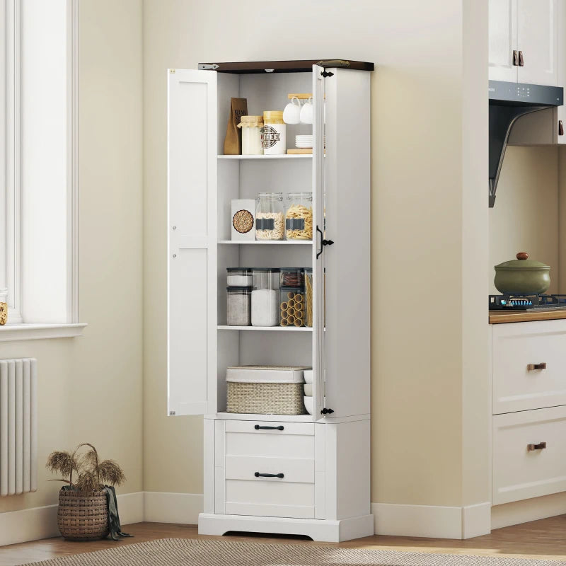 71" Tall Kitchen Pantry Cabinet, Farmhouse Kitchen Storage Cabinet with 2 Drawer and Adjustable Shelves, White