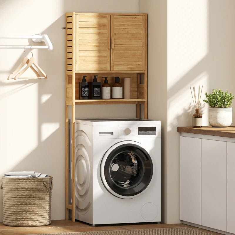 Over the Toilet Cabinet, Bathroom Organizer with 2 Doors, Open Compartment and Adjustable Shelf, Natural Wood Finish