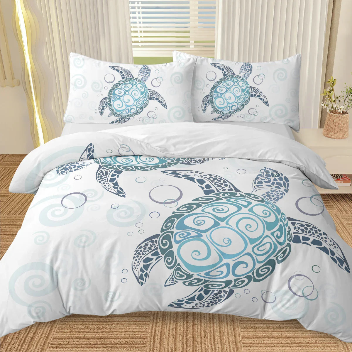 Sea Turtle Bedding Aqua Teal Blue Duvet Cover Sets Beach Turtle Bed Sets Ocean 3 Piece Turtle Themed Comforter Cover With 2 Pillowcases Twin Full Queen King Size