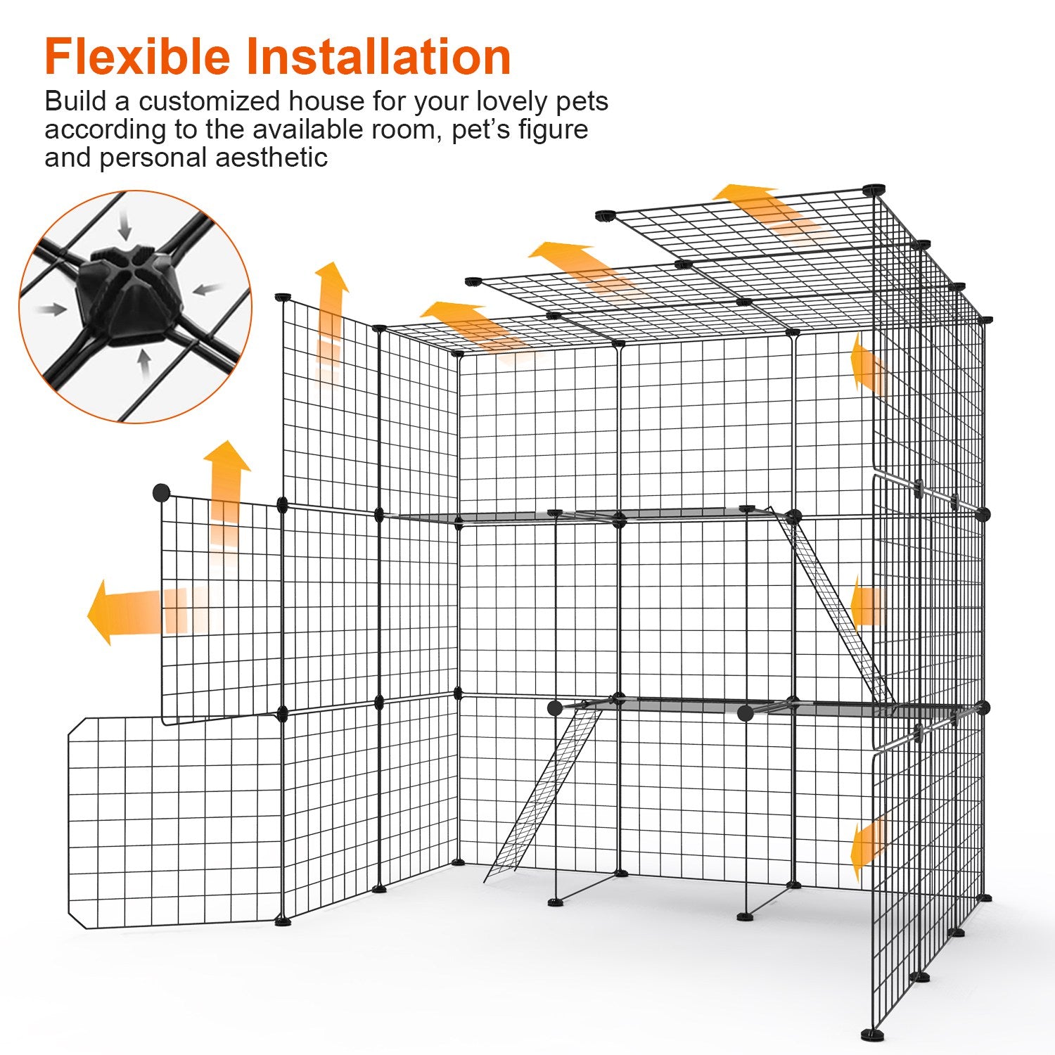 3 Tier Large Cat Cage Enclosure Indoor Cat Playpen Iron Construction Cat House Detachable Cat Crate With 2 Ladders Doors For 1-4 Cats 41.73”L x 41.73”