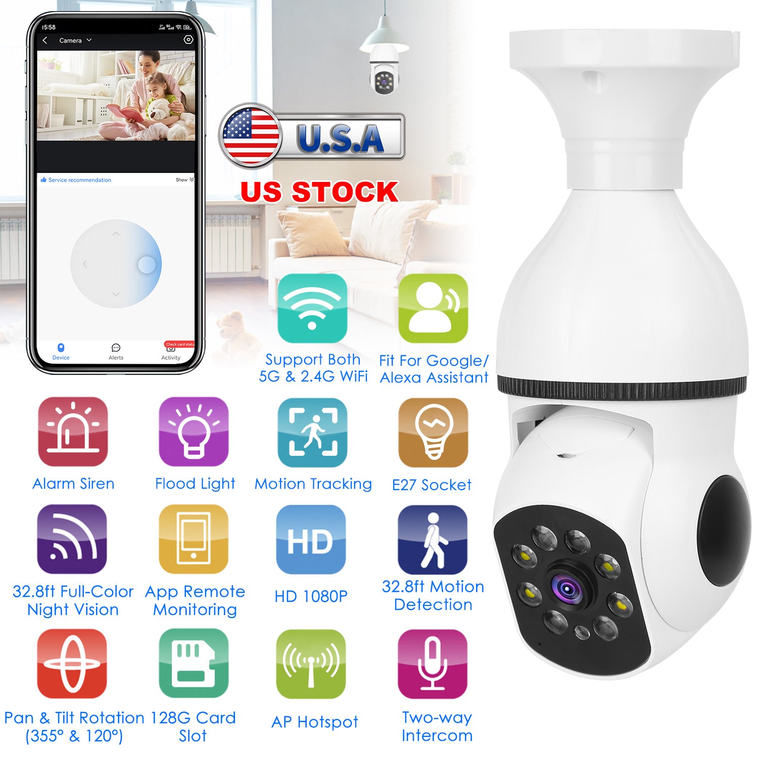 E27 WiFi Bulb Camera 1080P FHD WiFi IP Pan Tilt Security Surveillance Camera with Two-Way Audio Full Color Night Vision Flood Light Motion Tracking Si