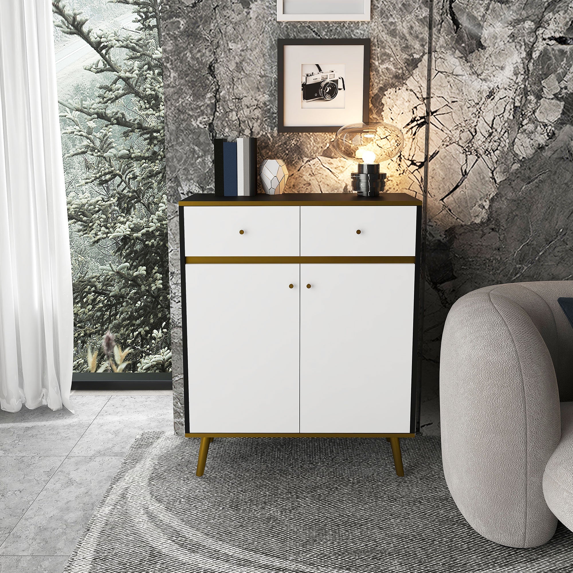 HOMCOM Modern Accent Allure: Buffet Sideboard with Glossy Doors, Drawers, Pine Legs for Living Room, White Finish