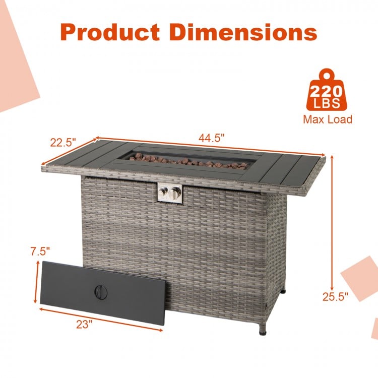44.5 Inch Propane Fire Pit Table Rattan Gas 2-in-1 with Stainless Steel Burner