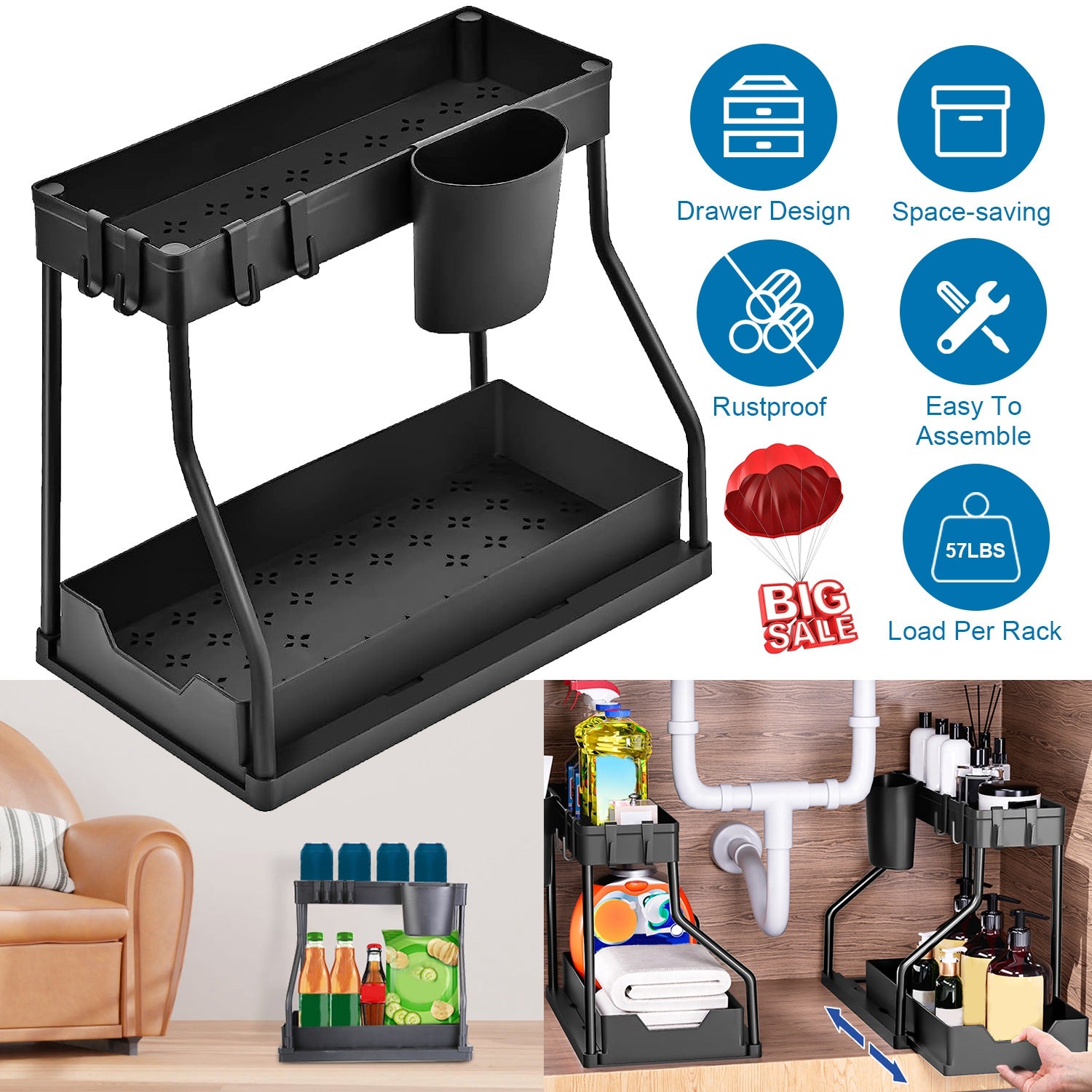 2 Pack 2-Tier Under Sink Organizer L-Shape Sliding Cabinet Organizers Storage Shelves with 8 Removable Hooks 2 Hanging Cups for Bathroom Kitchen Offic