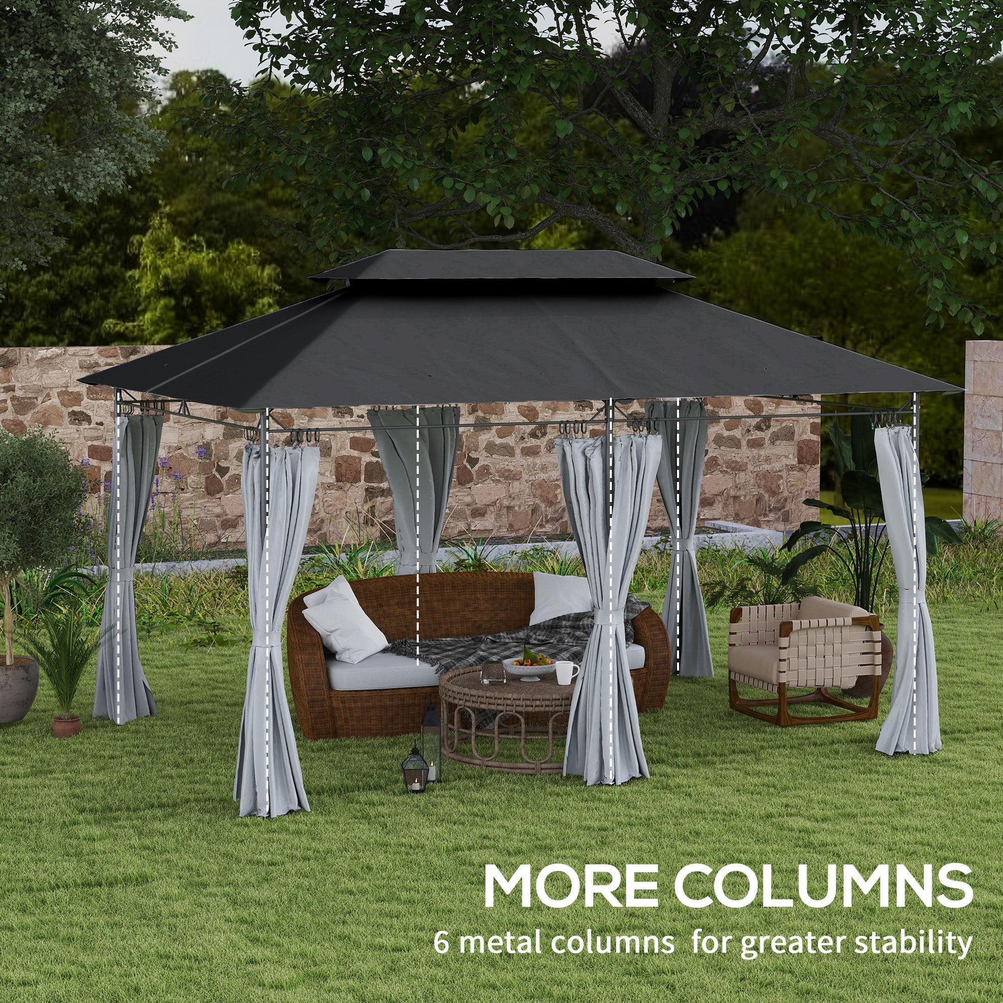 Outsunny 10' x 13' Double Roof Patio Gazebo, Outdoor Gazebo with Curtains, for Garden, Lawn, Backyard and Deck, Dark Grey