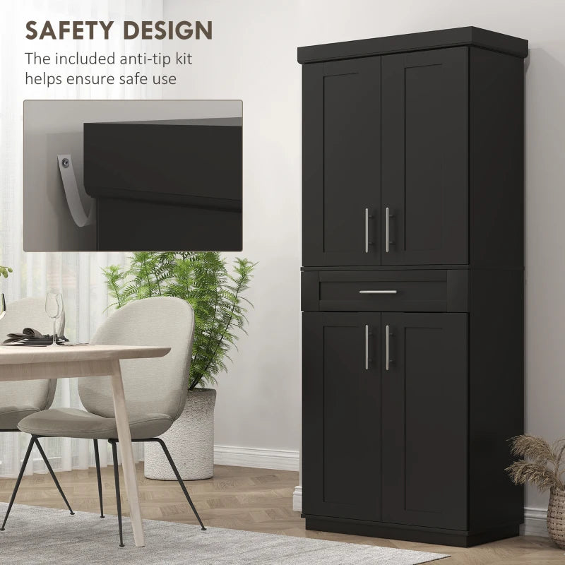 72" Storage Cabinet, Freestanding Kitchen Pantry Cabinet with 4 Doors, Drawer and 3 Adjustable Shelves, Black