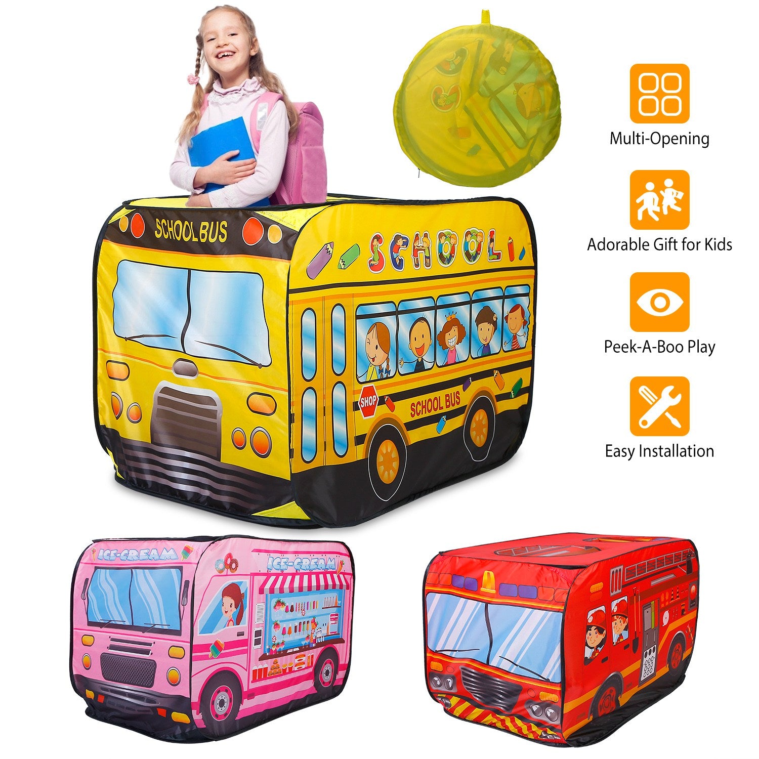 Kids Play Tent Foldable Pop Up Ice Cream Bus Tent Portable Children Baby Play House W/ Carry Bag For Indoor Outdoor Use