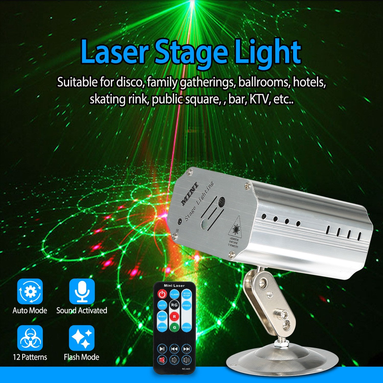 Sound Activated LED Projector Laser Patterns Laser Party Lights Disco Bar Music Strobe Lights