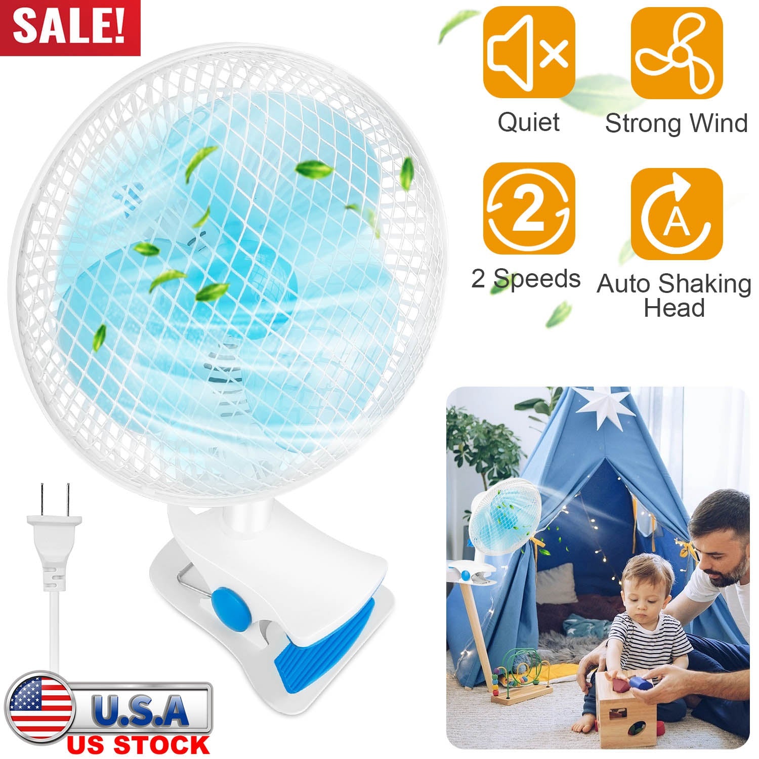 Clip On Fan 2 Speeds Quiet Clamp Fan Adjustable Tilt Auto Shaking Fan Wall Mount Personal Fan For Desk Office Home Baby Strollers Table Tops w/ 3.94FT