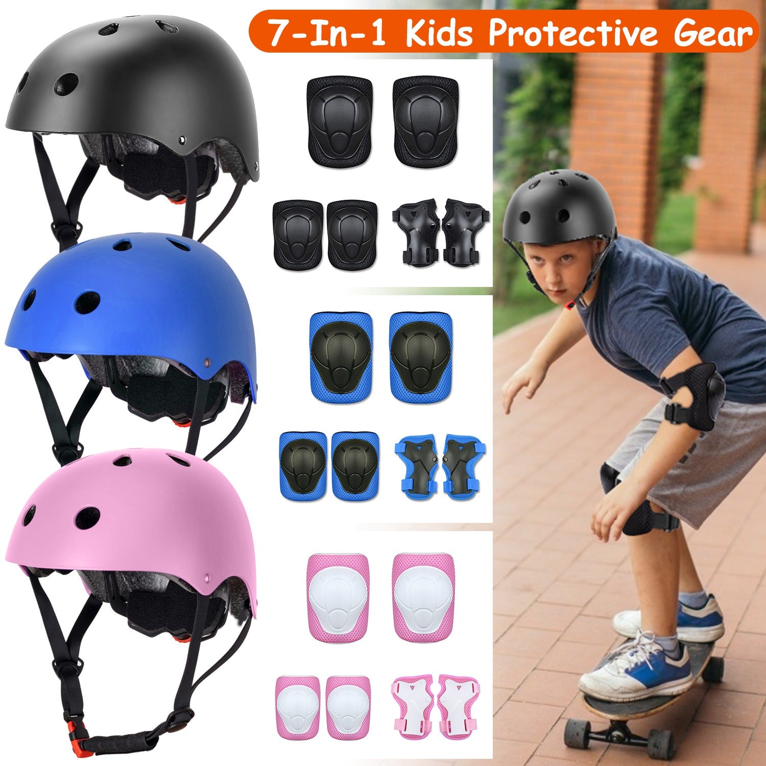 7Pcs Kids Safety Helmet Set Children Sports Protective Gear Set w/ Knee Pads Elbow Pads Wrist Guards For Cycling Bike Skate