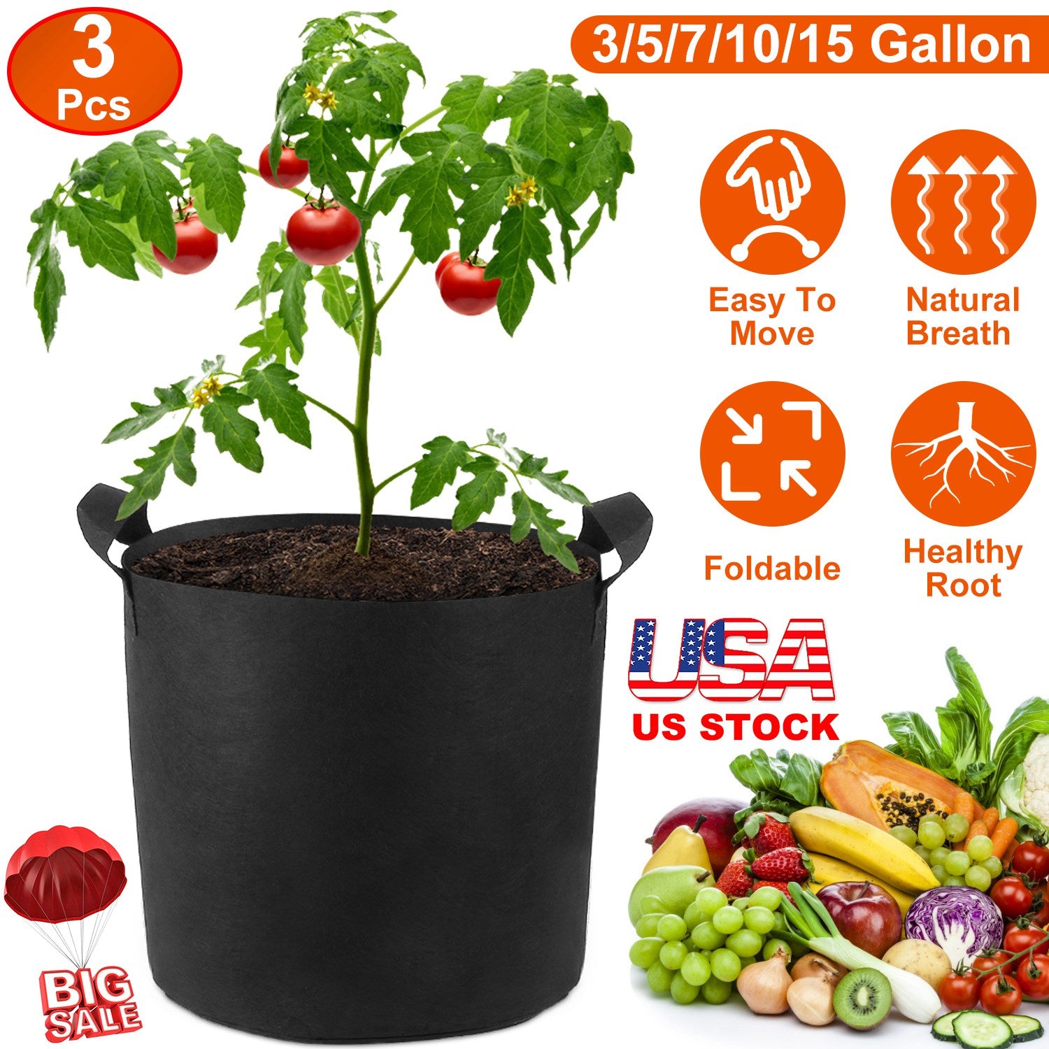 3 Pack Plant Grow Bags Potato Vegetable Planter Bags Breathable Planting Fabric Pots 3Gallons
