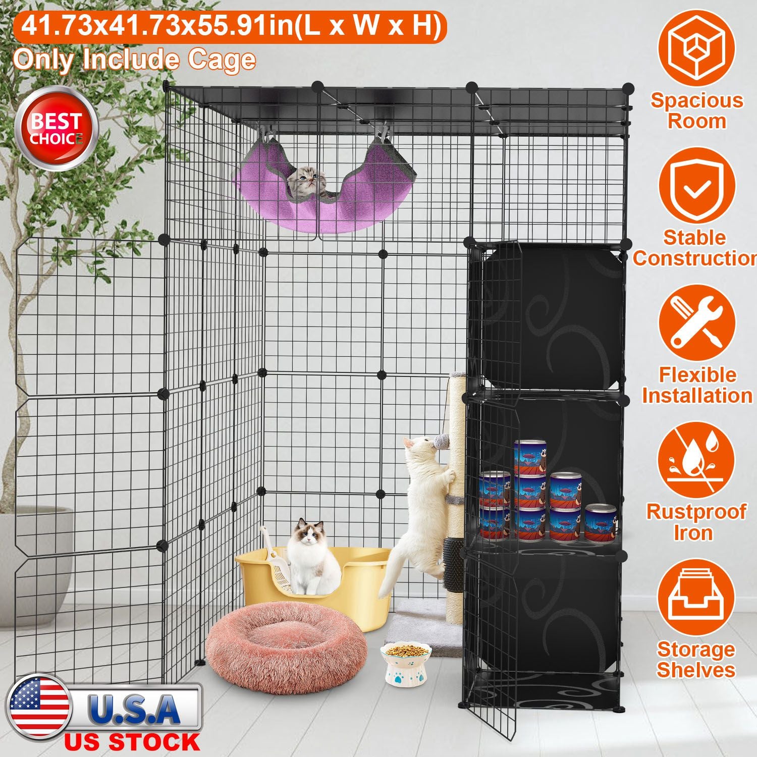4Tier Cat Playpen Cage Black Iron Indoor Cat House Detachable Kitten House with Storage Shelves Cat Hammock Flexible Installation For 1-4Cats Exercise